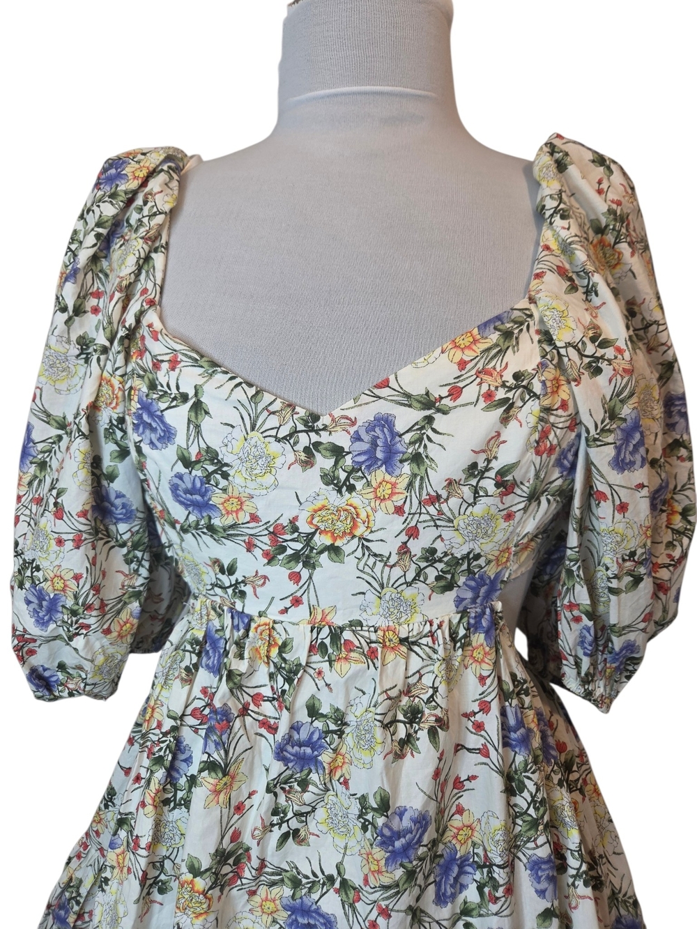 Harp & Finn Mable Floral Open Back Mini Dress W/Puff Sleeves & Ruffle Women's M - Picture 4 of 16